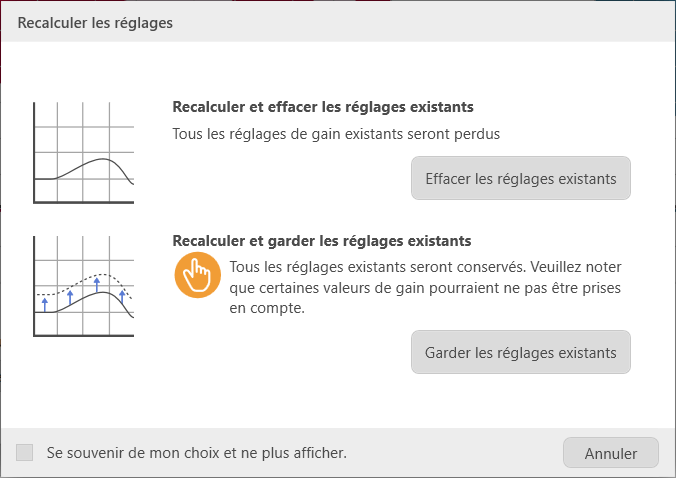 Menu pour recalculer les réglages dans Connexx