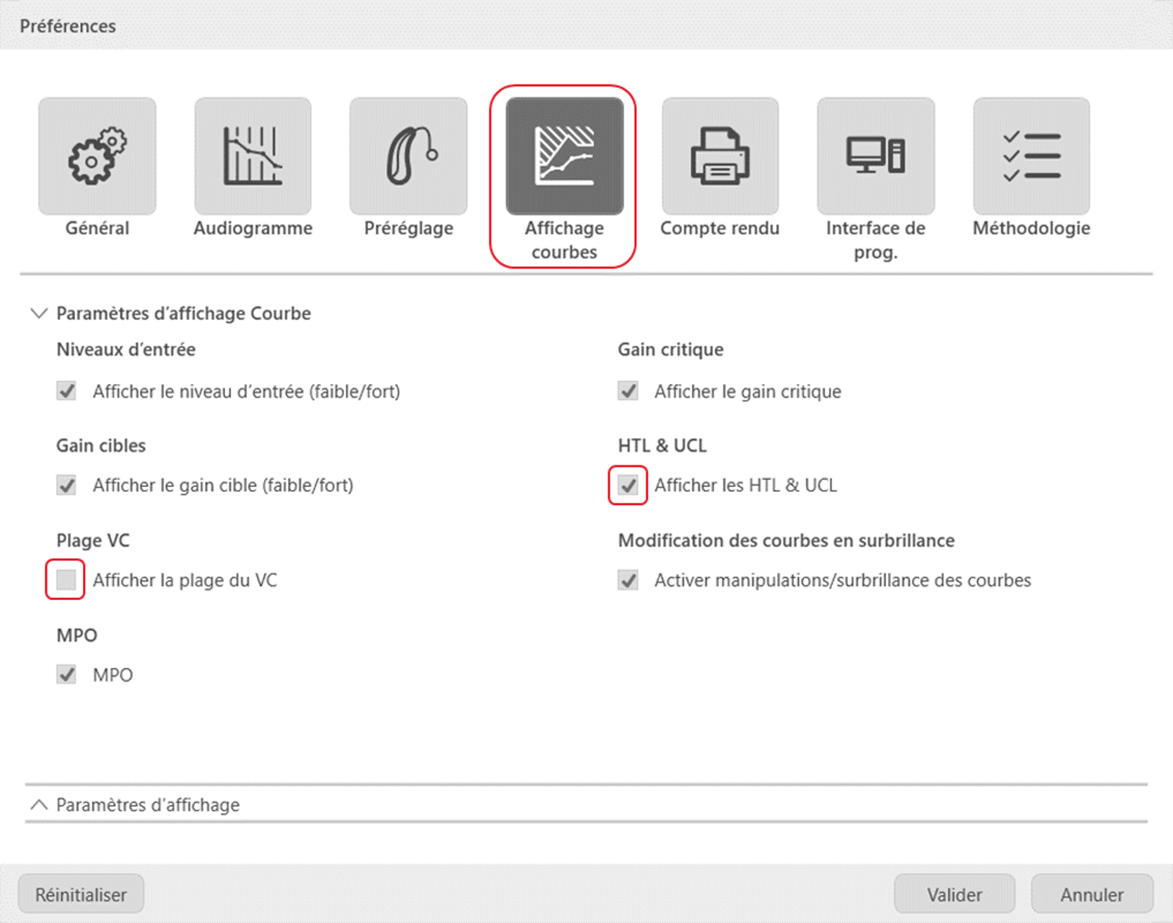 Onglet affichage des courbes dans les préférences de Connexx