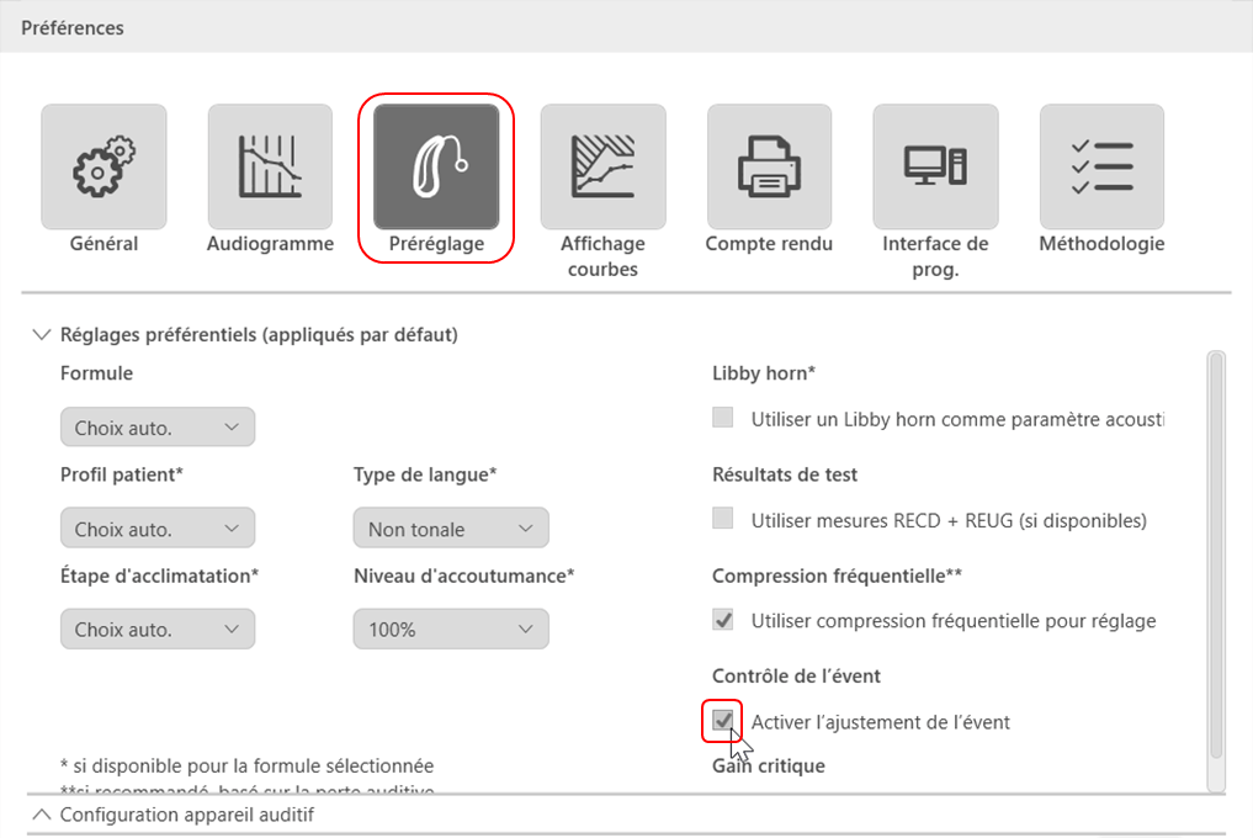 Menu préréglage dans connexx : modifer la valeur de l'évent