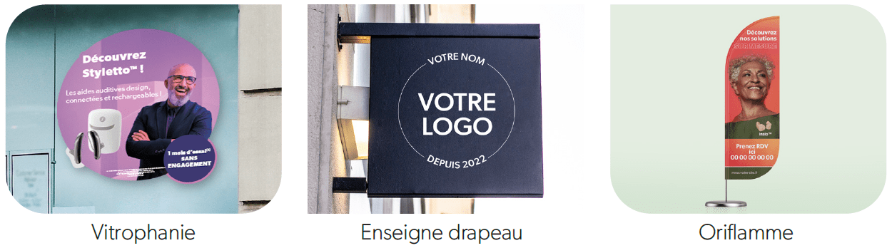 Exemples de vitrophanie, d'enseigne drapeau et d'oriflamme