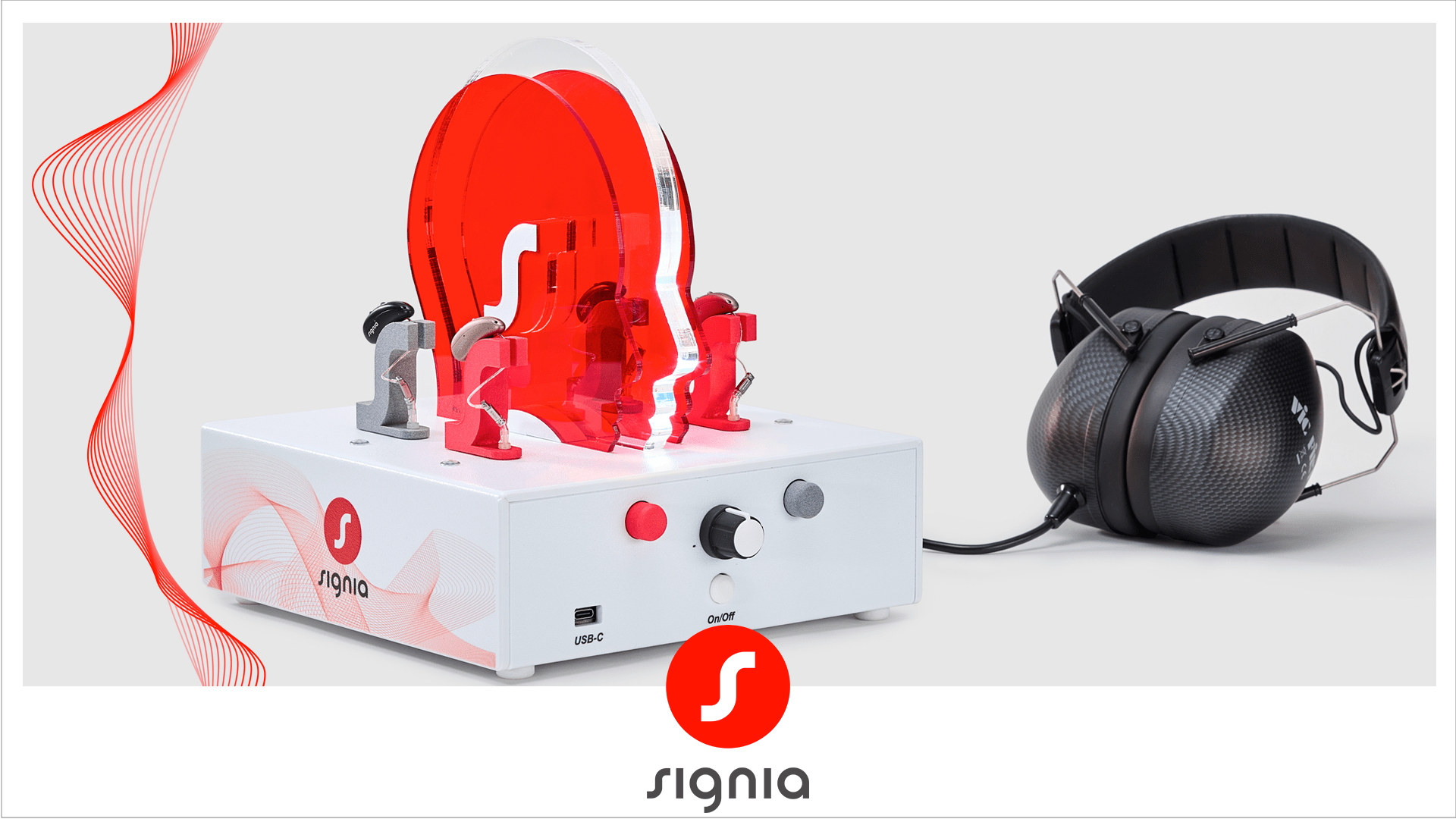 appareil hearlive par Signia avec un casque : outil de démonstration pour comparer les aides auditives