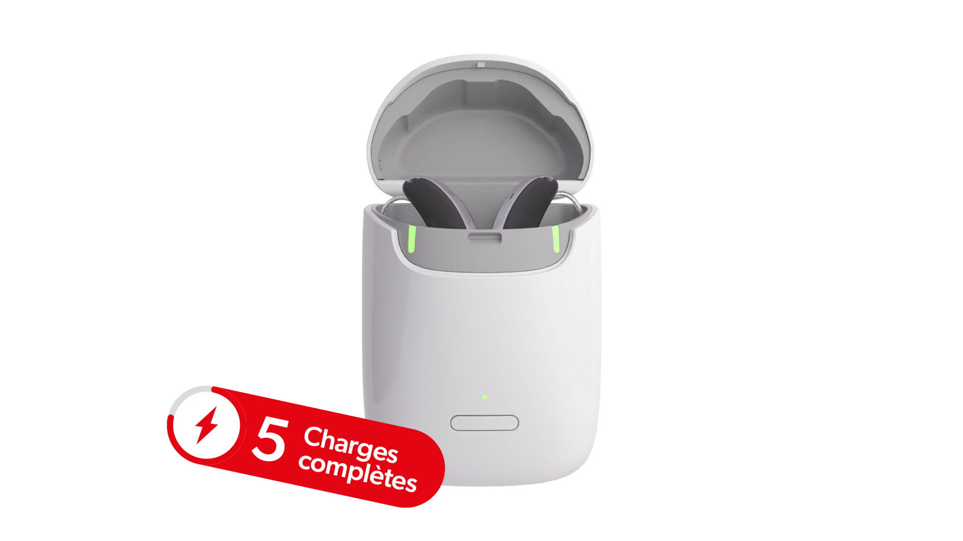 Appareils auditifs Signia Styletto IX dans leur chargeur nomade, procurant jusqu'à 5 cycles de charges complets