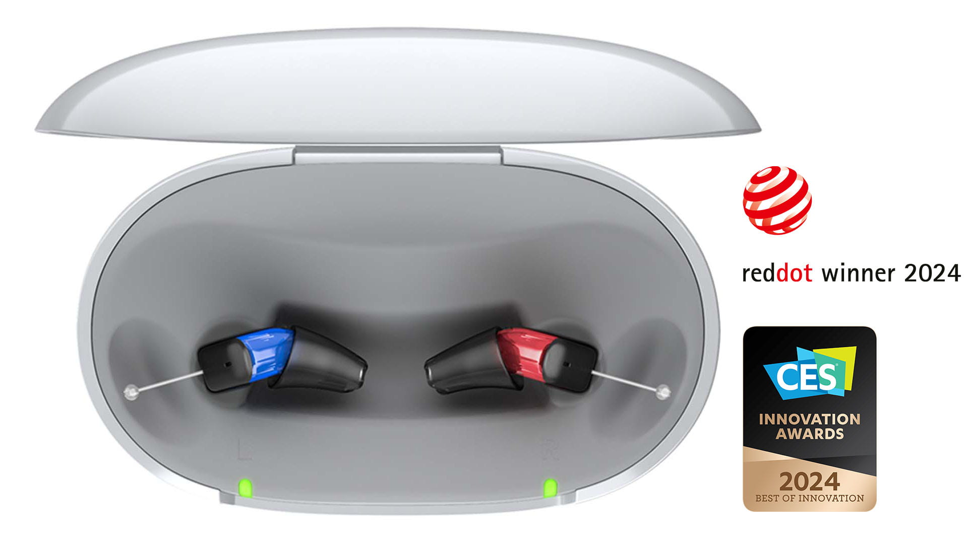 Silk Charge&Go instant-fit hearing aids in charger with CES and reddot awards
