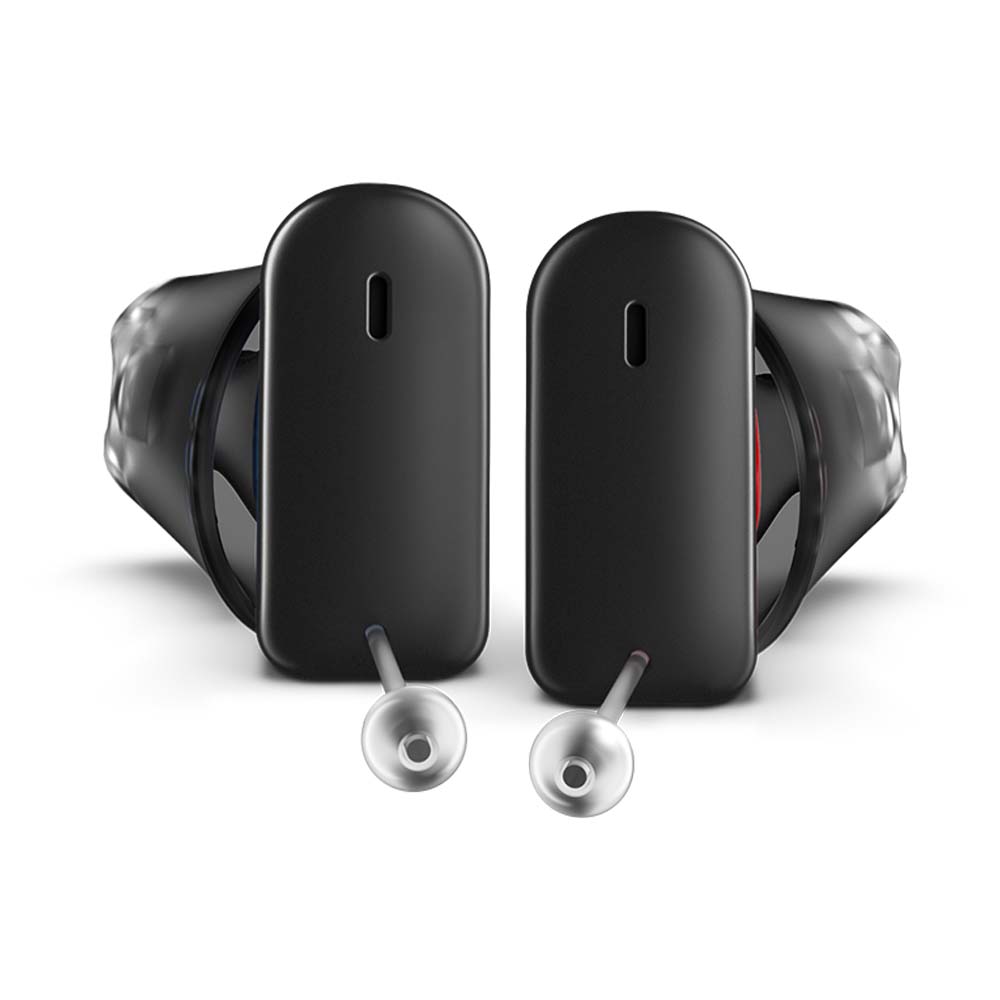 A pair of Silk Charge&Go instant-fit hearing aids in color black