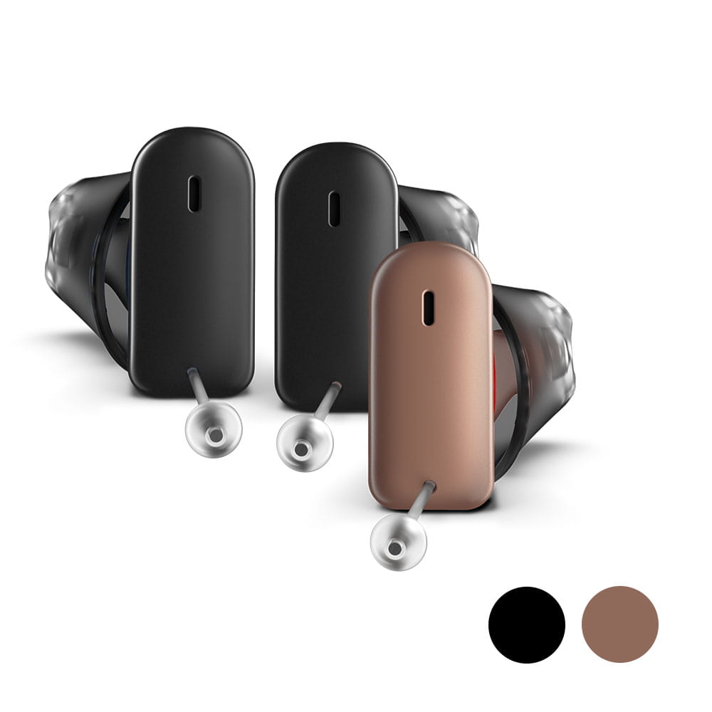 A pair of Silk Charge&Go instant-fit hearing aids in colors black and mocha