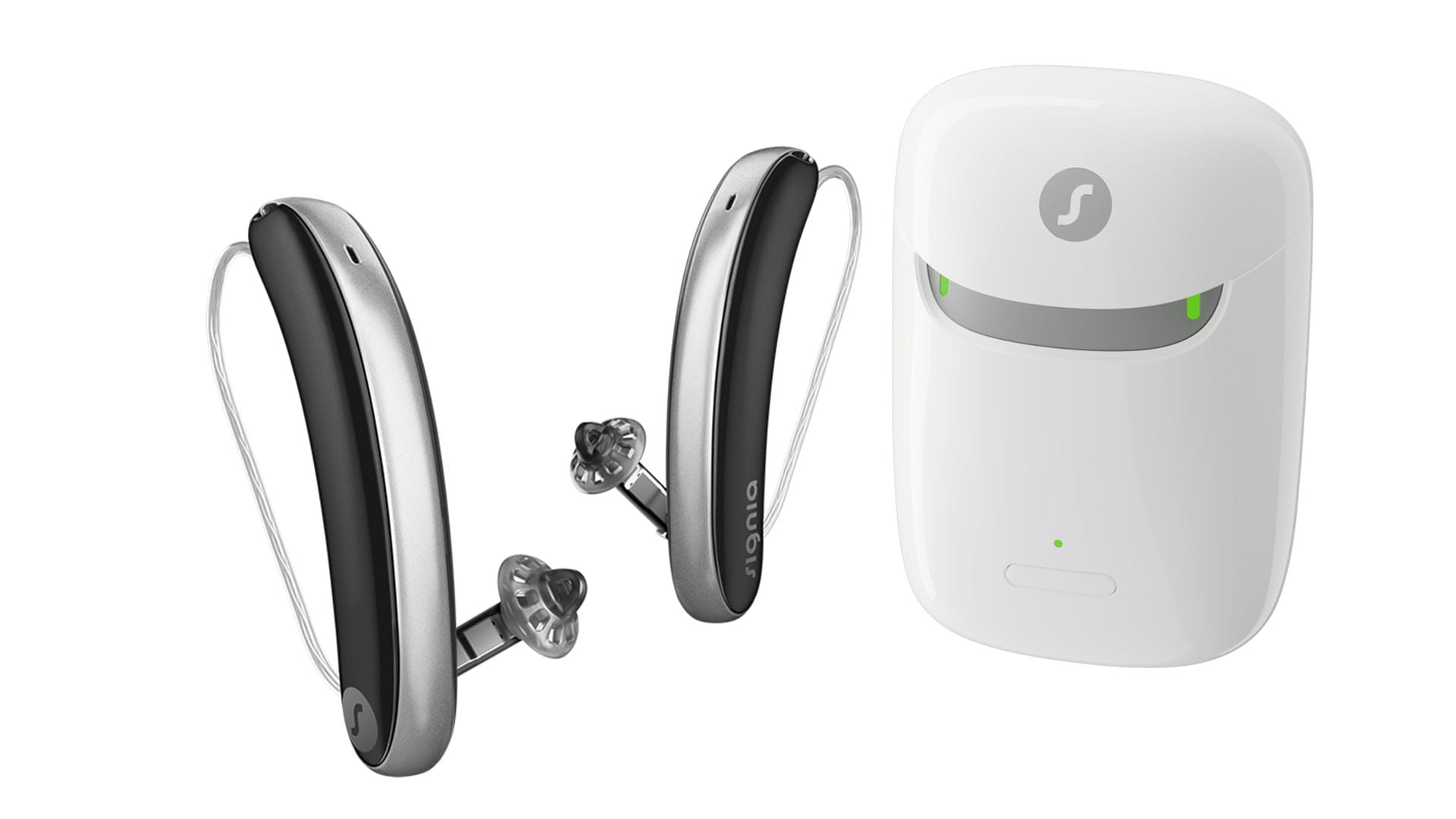 Styletto IX hearing aids in black-silver next to charger