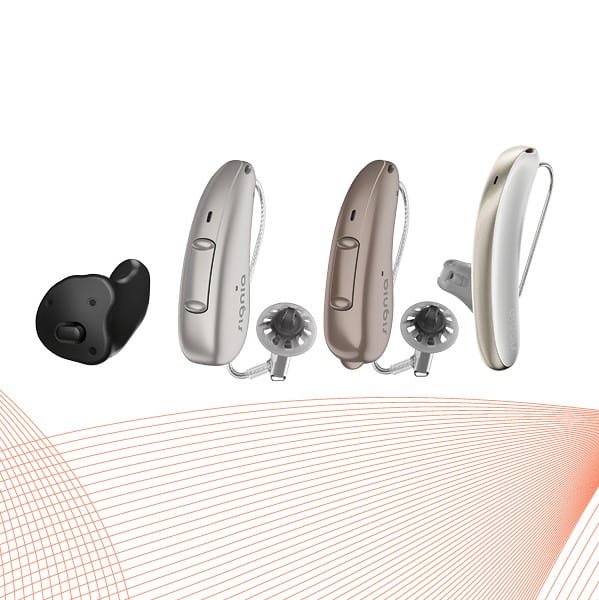 Signia AX hearing aids pictured from left to right: Insio Charge&Go AX, Pure Charge&Go AX, Pure 312 AX, Styletto AX